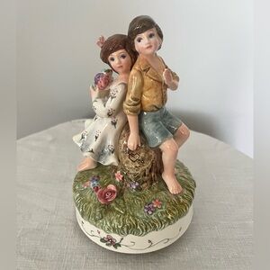 Vintage Lefton Yamada Signed Boy Girl Couple Ceramic Music Box Figure Love 1996